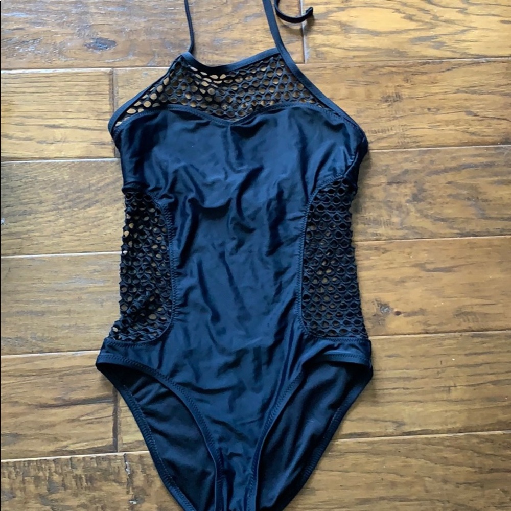 black one piece bathing suit w lace like material
